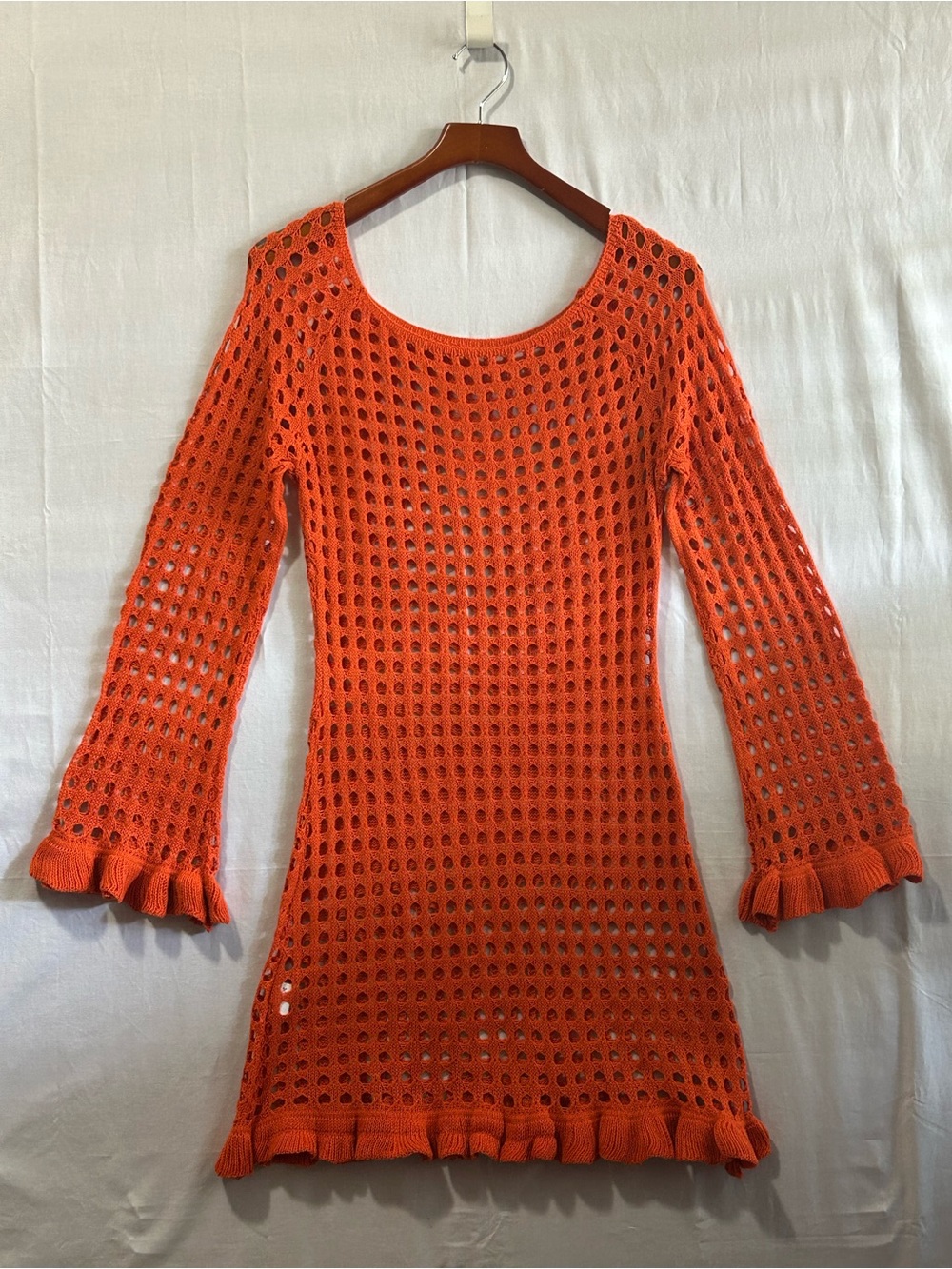 Women's Orange Crochet Long-Sleeve Mini Dress